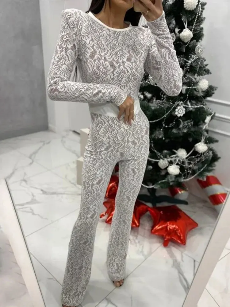 GACVGA Lace Two Layer Sexy Bodycon Jumpsuits Women Overalls Fashion Autumn Winter Elegant Long Sleeve O Neck Slim Jumpsuits