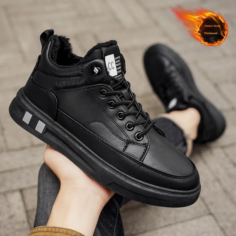 Men's Winter Fleece Lined Slip on Work Shoes Waterproof Non Slip Kitchen Leather Casual Black Boots Youth Trend Korean Style