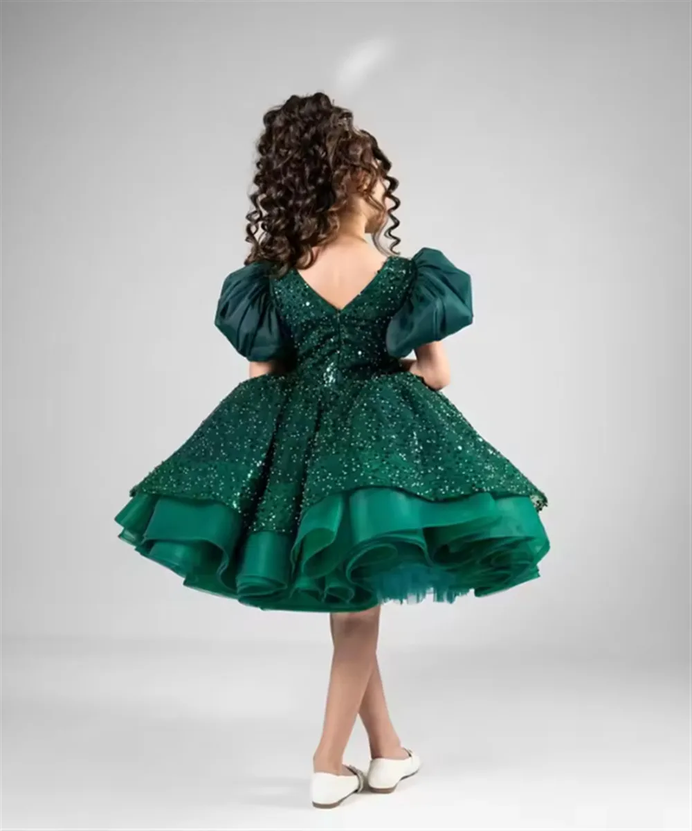Abito da ragazza di fiore con paillettes verdi per matrimonio con fiocco al ginocchio Abito da festa di compleanno per bambina Abito da prima comunione personalizzato