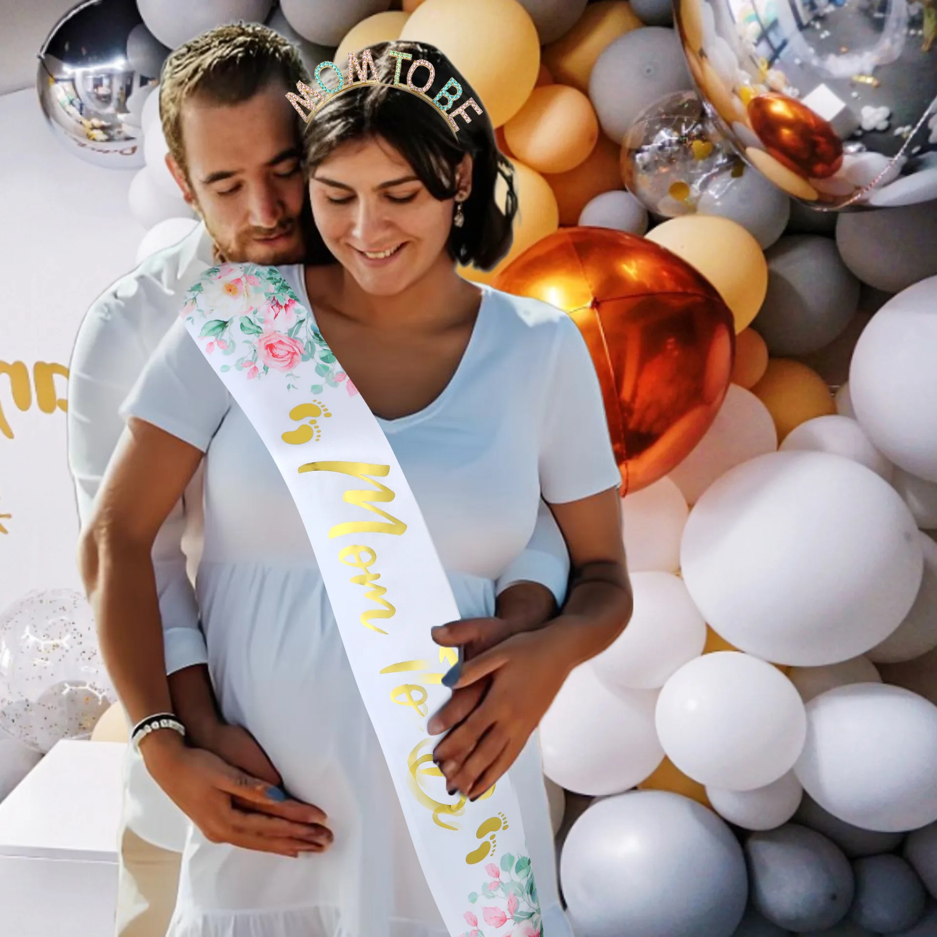 Stirnband und Satin-Schärpe für werdende Mütter zur Gender-Reveal-Babyparty, Partydekoration, Zubehör, Schärpe mit Blumenmuster für werdende Mütter – Detail 13