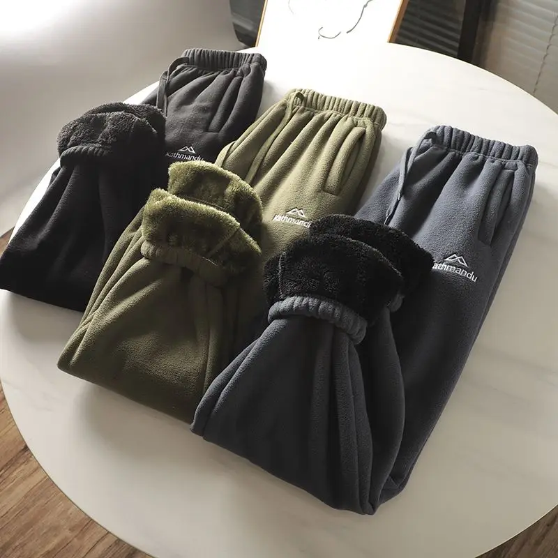 

Fleece and Lambswool Men Sweatpants Winter Embroidery Thick Warm Double-sided Velvet Windproof Thermo Trousers Soft Harem Pants