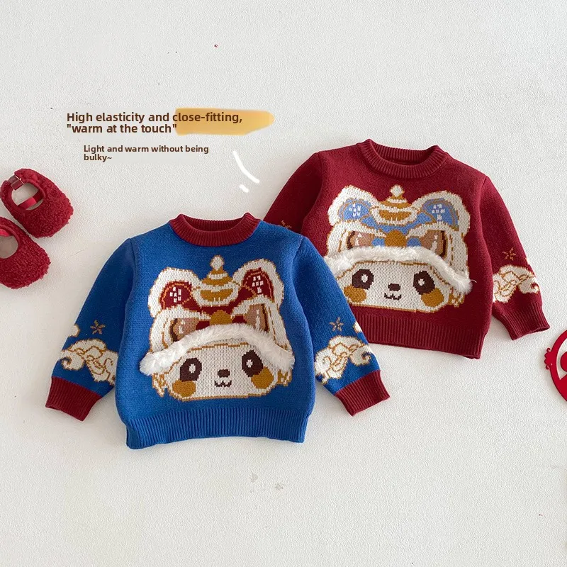 سترة رأس النمر للأطفال 2025 شتاء جديد لطيف الجاكار ملابس السنة الجديدة للفتيات ، سترة محبوكة سميكة للأولاد #4