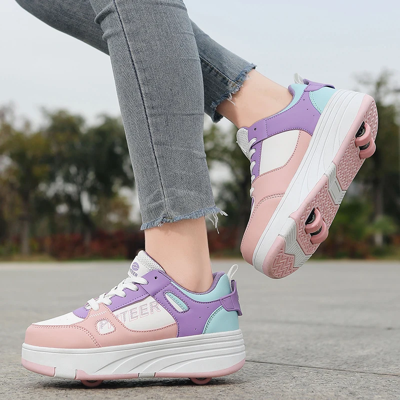 أحذية تزلج عصرية ذات صف مزدوج بأربع عجلات مع عجلات أحذية رياضية دوارة مزدوجة الأغراض للأطفال والكبار