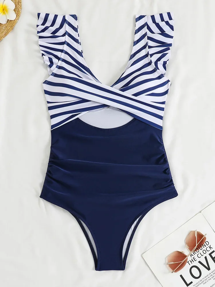 2026 New Summer Swimwear One Piece Swimsuit Sexy Contrast Color Ruffles One Piece Swimsuit Women Beach Vacation Bikinis