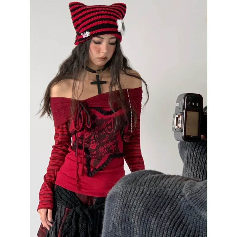 Women's New Spliced   pullover One-line Printed Fashionable Slim Versatile Casual Long-sleeved Tops