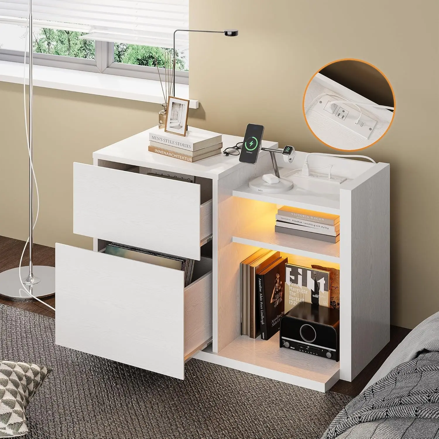 White Night Stand with Shelves, Charging Station & LED, 2 Drawer Wooden Bedside Table Record Player Stand for Bedroom