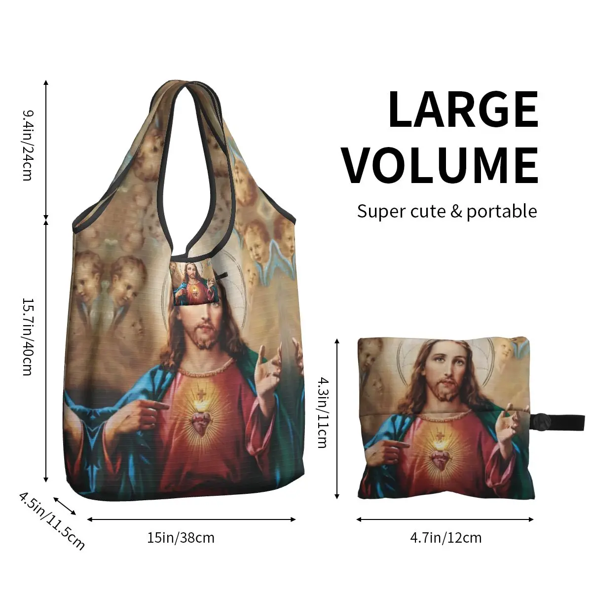 Grand sac fourre-tout réutilisable du Sacré-Cœur de Jésus-Christ, sacs d'épicerie catholiques pour le catholicisme, la foi religieuse