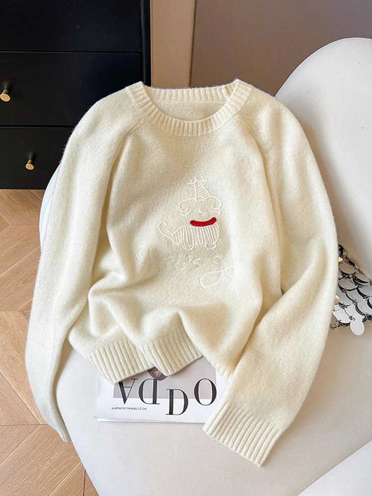 

Autumn Long Sleeve Women Embroidery White Knitting Pullover Female Streetwear Sweet Casual sweater Tops