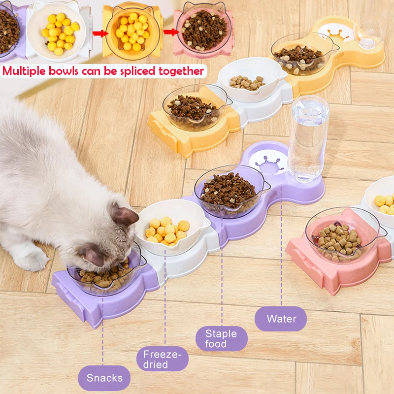 

Pet Cat Bowl Automatic Feeder DIY Multi-in-one Splicing Dogs Cats Food Bowl and Water Fountain Drinking Raised Stand Dish Bowls