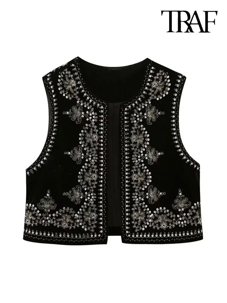 TRAF Women Fashion With Sequin Floral Embroidery Crop Waistcoat Vintage O Neck Sleeveless Female Outerwear Chic Vest Tops