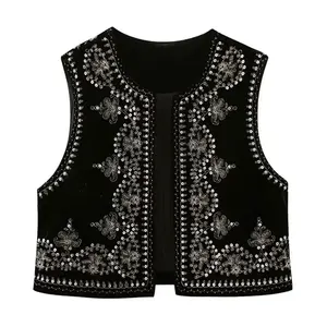 Damen Blumenstickerei Ernte Traf-Collete, Vintage College, ärmellose, Frauenmäntel, schicke Weste, Modeplatten 6 Hauptverkäufe mit Helligkeit - №2