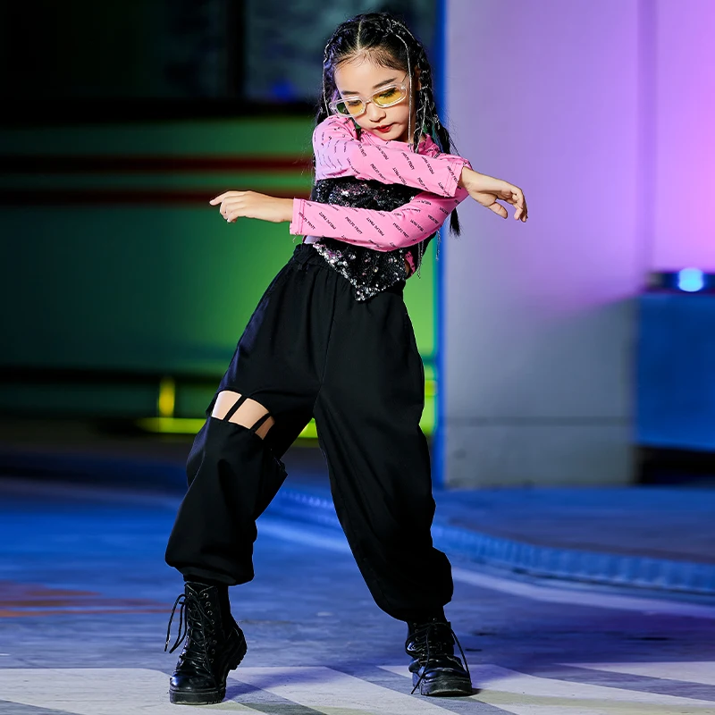 Bambini HipHop Jazz Performance costumi ragazze Street Dance abbigliamento top rosa gilet con paillettes pantaloni neri abiti da Festival DWY7255