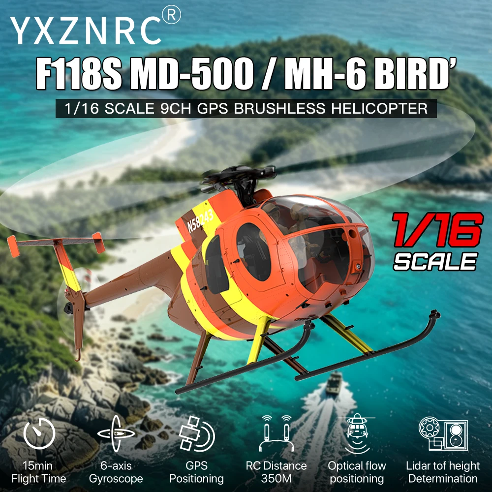YUXIANG F118S RC Helicopter MH‑6 MD‑500  Little Bird 1/16 9CH GPS Brushless Optical‑Flow Figures Reserved 5.8G FPV Space