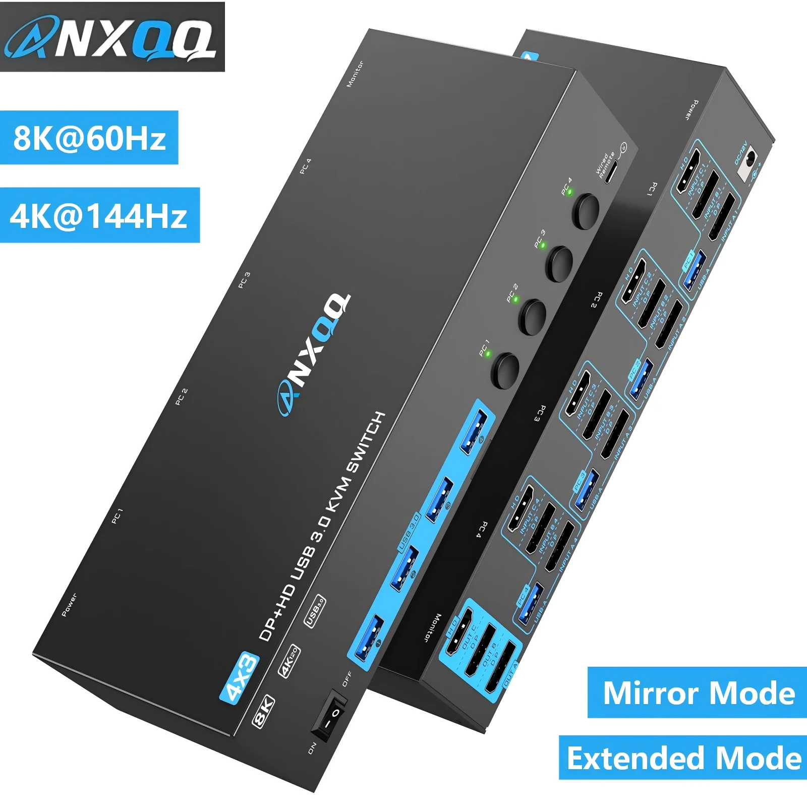 

8K@60Hz/4K@144Hz KVM Switch 4 Computers 3 Monitors,HDMI + 2 Displayport USB 3.0 KVM Switch Share 4 USB 3.0 Device Mouse Keyboard