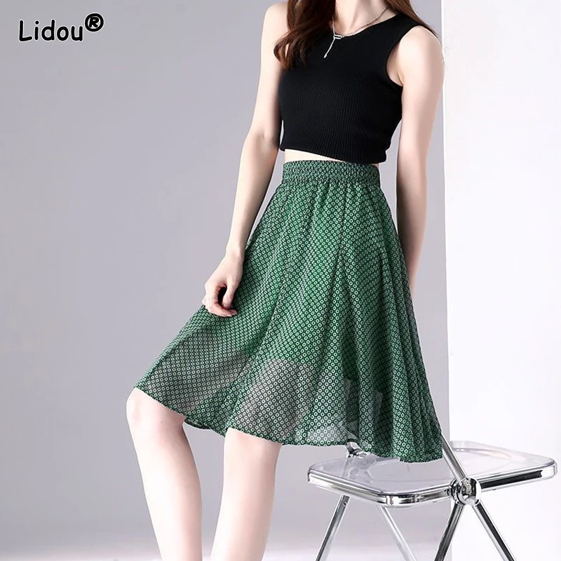 Women's Clothing 2023 New Fashion Elastic Waist Printing Korean Casual Dot Pattern Loose Elegant Summer Thin Knee Length Skirts