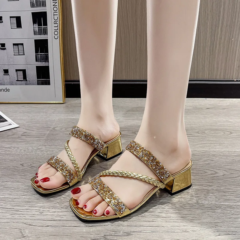 

Fashion Golden Shiny Crystals Sandals Women Luxury Thick Heel Party Shoes Woman Summer Woven Strap High Heeled Sandles Female