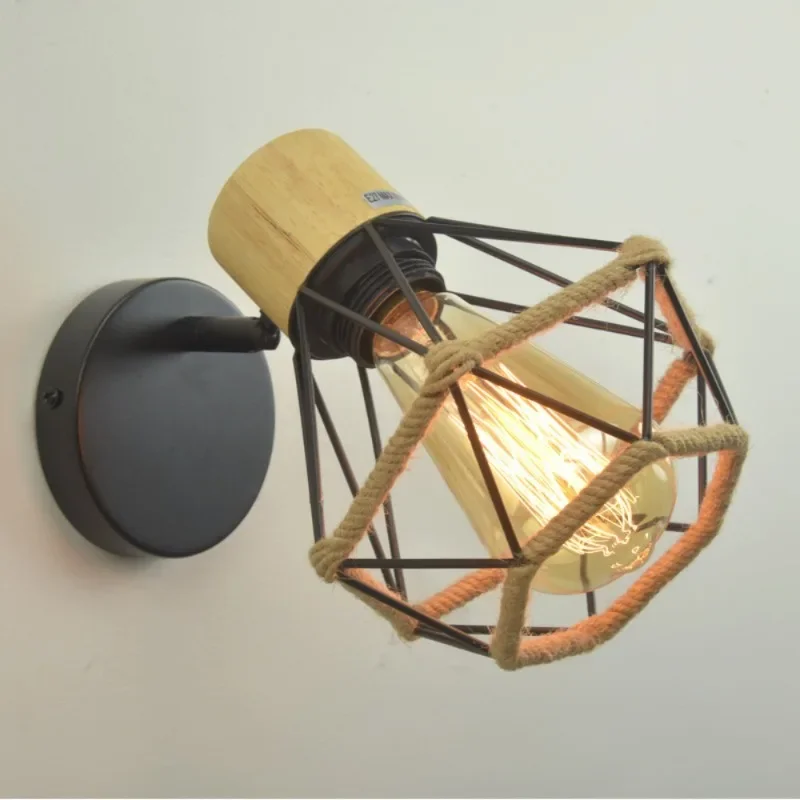 

Vintage Wrought Iron Lamps Bedroom Bedside Stairs Aisle Corridor Black Single Head Lights New Hemp Rope Wall Lamp