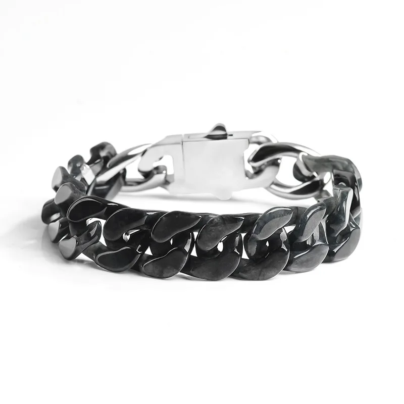 

Natural A-grade Black Chicken Jade Cuban Chain Bracelet Titanium Steel Hip-Hop Style Trendy Personalized Jewelry Drop Ship