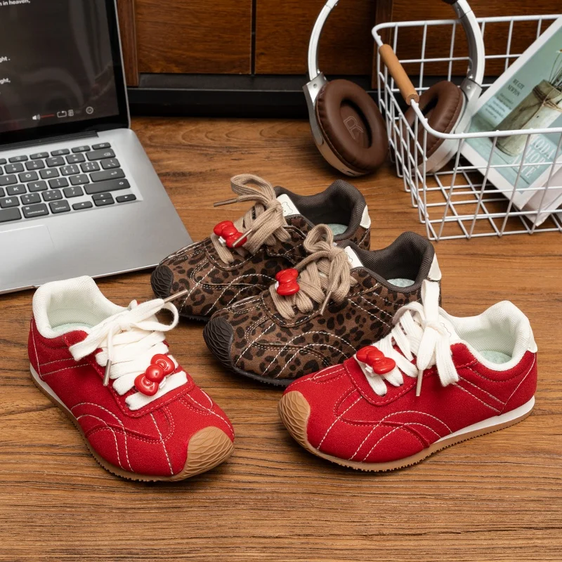 Toddler Kids Boys Girls Retro Sneakers Bow Decor Lace Up Anti-Collision Toe Non-Slip Soft Sole for Spring Autumn Daily Wear
