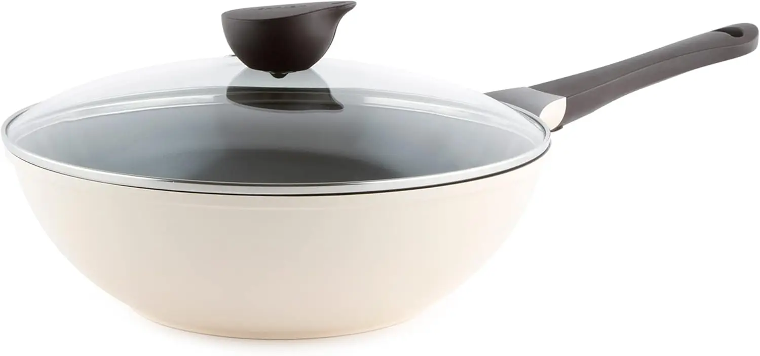 Wok de Cerámica Antiadherente de 12'' con Tapa de Vidrio, Sartén para Saltear Verduras, Carne y Pescado, Color Marfil