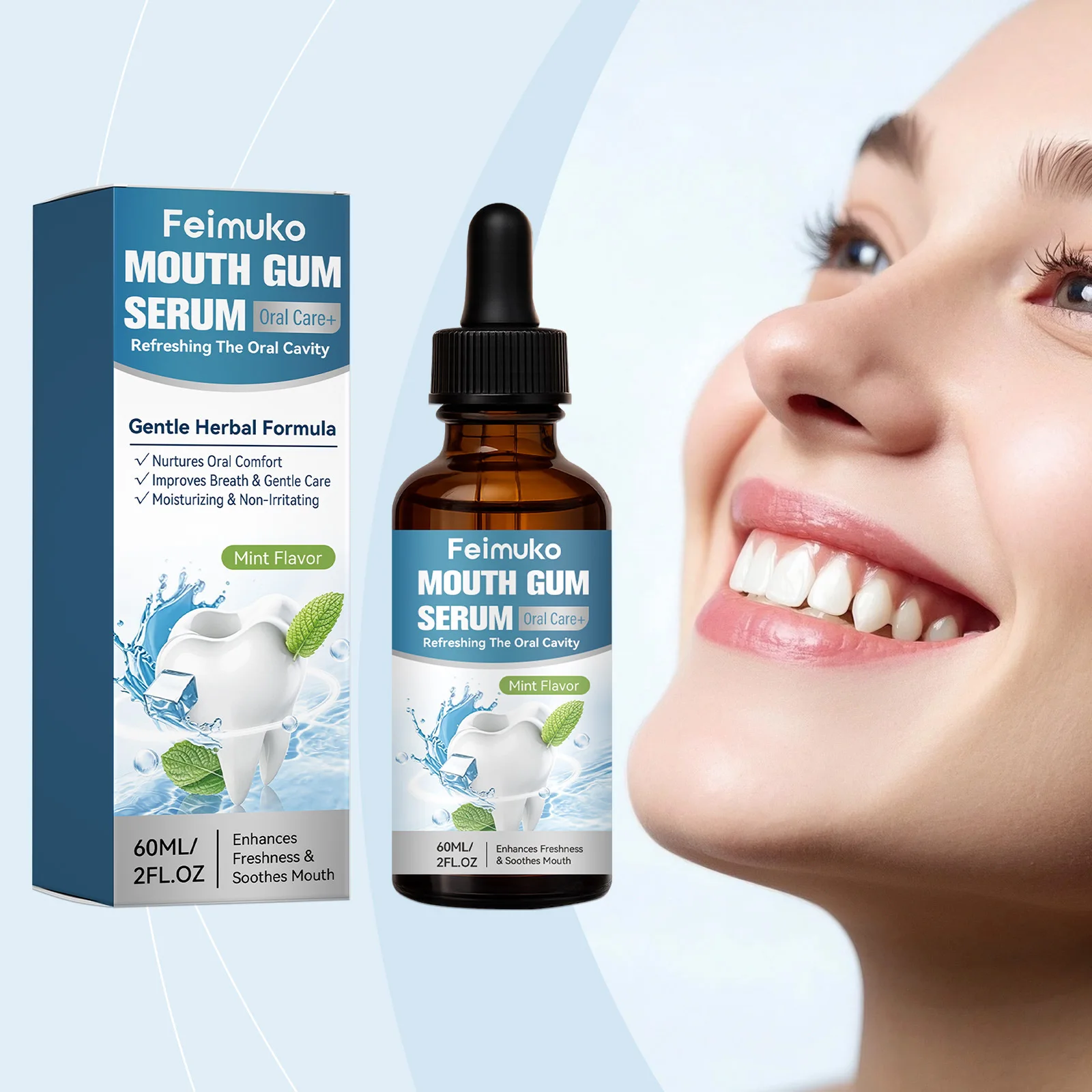 Suero Bucal Feimuko con Sabor a Menta, Alivia las Molestias de las Encías, Refresca el Aliento, Fórmula Herbal Suave, Cuidado Bucal