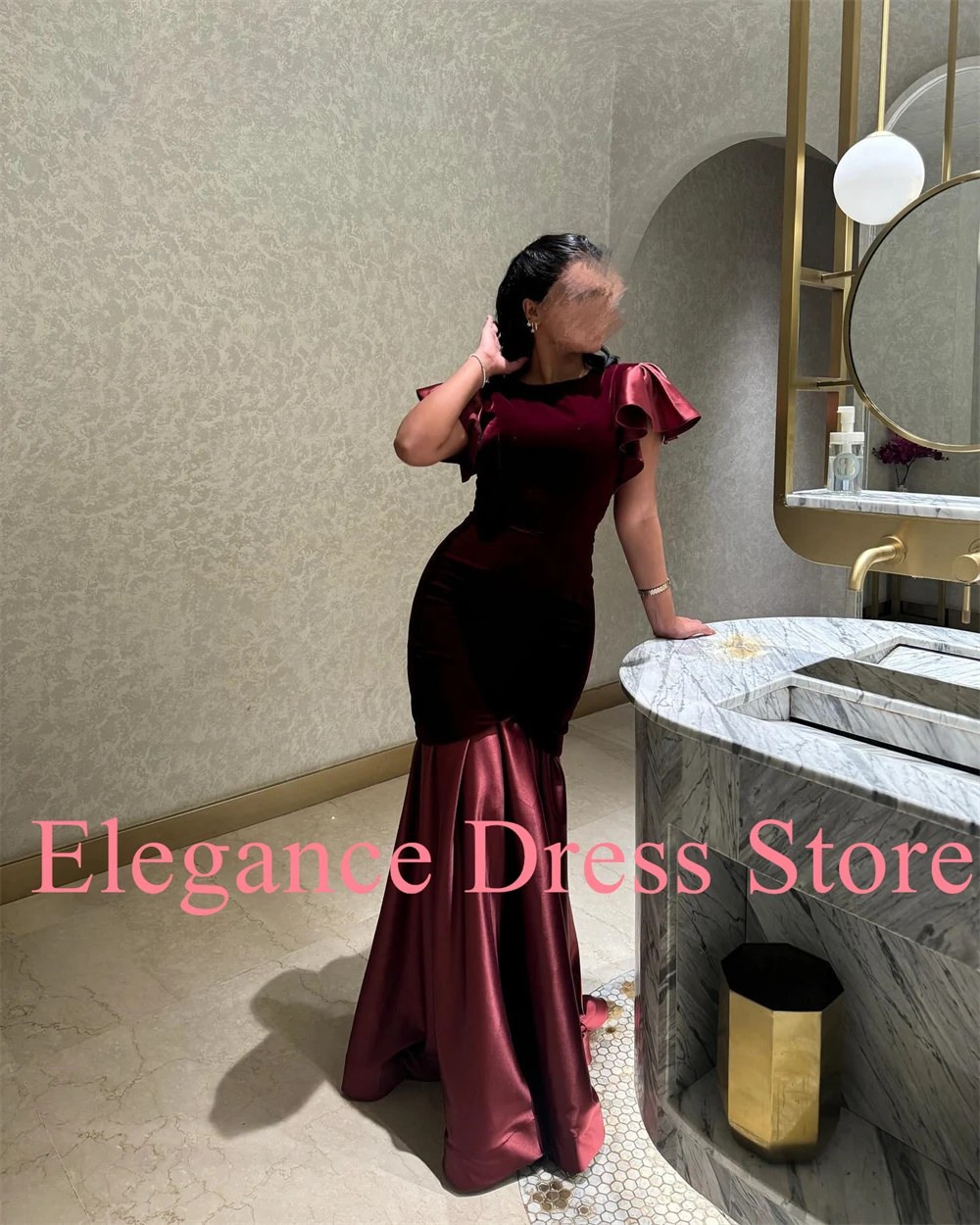 Robe De soirée De forme sirène, col rond, en velours et Satin, personnalisée, classique, manches courtes, plis