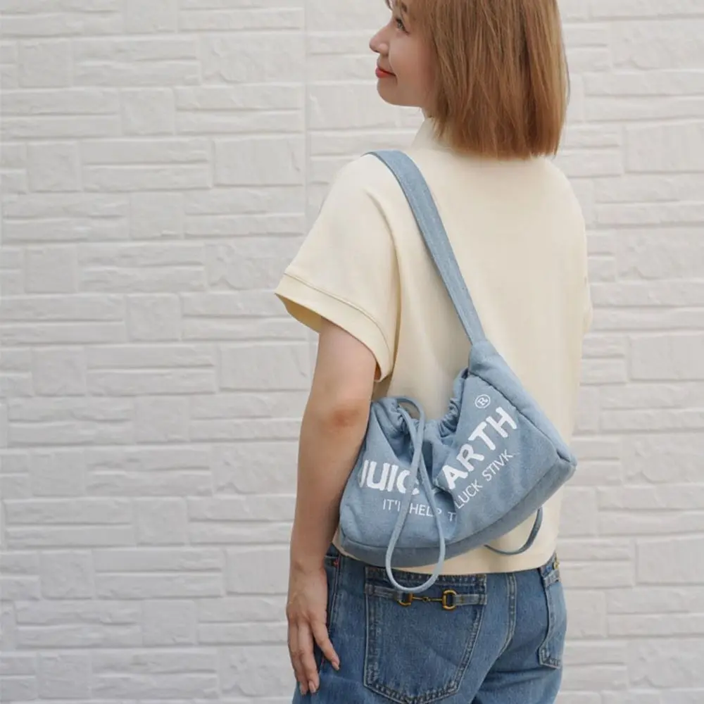 Casual handtas Schoudertas met trekkoord Thaise brief Tote Letter canvas tas Modieuze draagbare denim stoffen tas Studenten