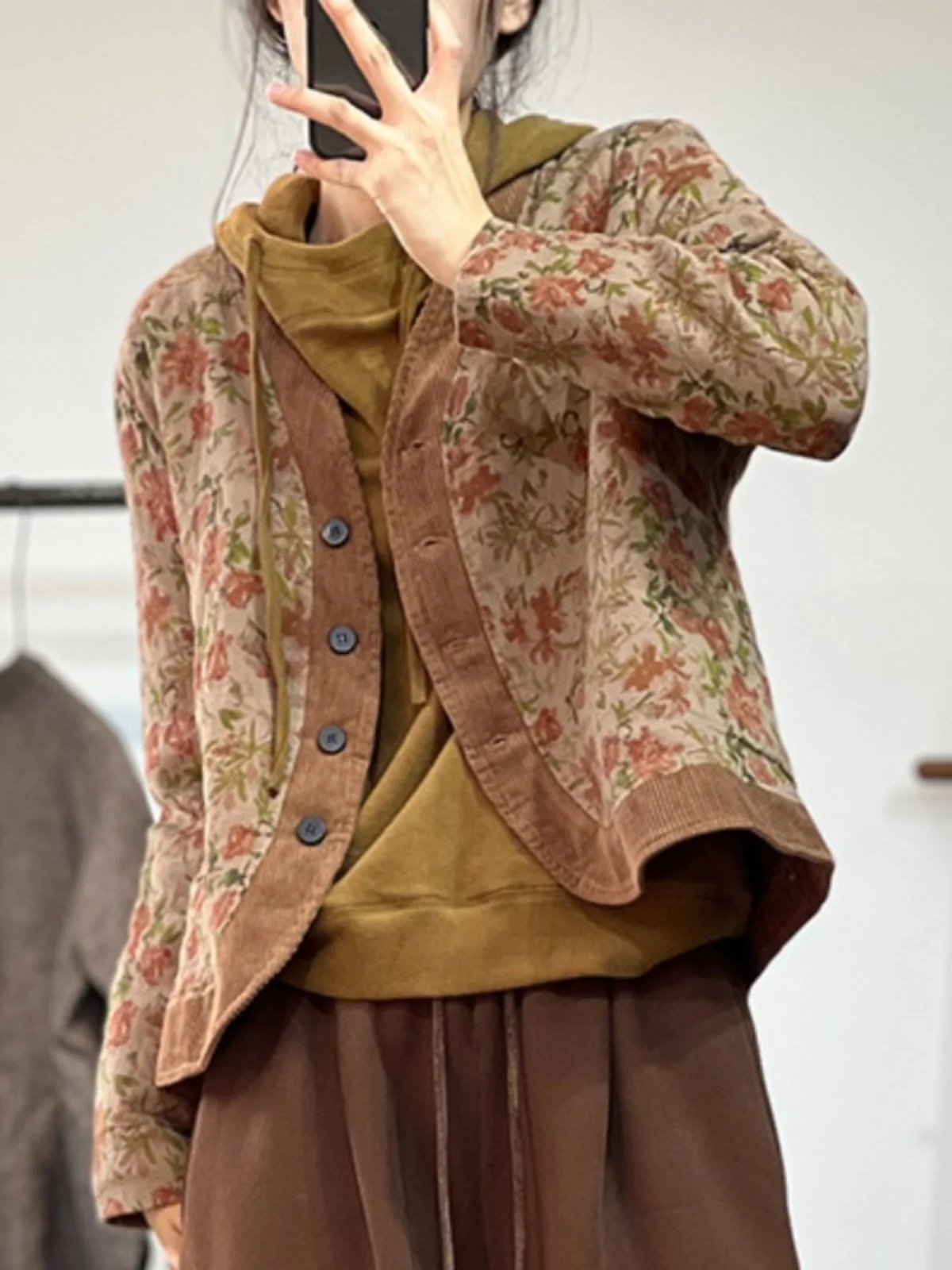 Casaco feminino de algodão com estampa floral Jaet, casaco fino de algodão com emenda em V, botão único, longo, ajuste solto, roupa externa de inverno