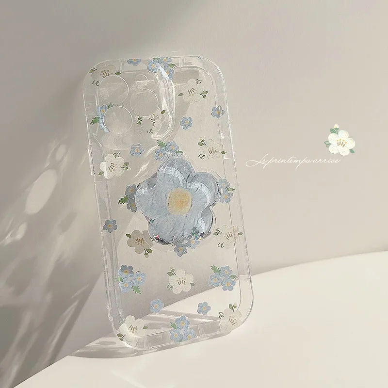 Cute Flower Transparent Silicone Phone Case For iPhone 15 14 13 12 11 Pro Max Floral Soft Shockproof Bumper Cover With Holder