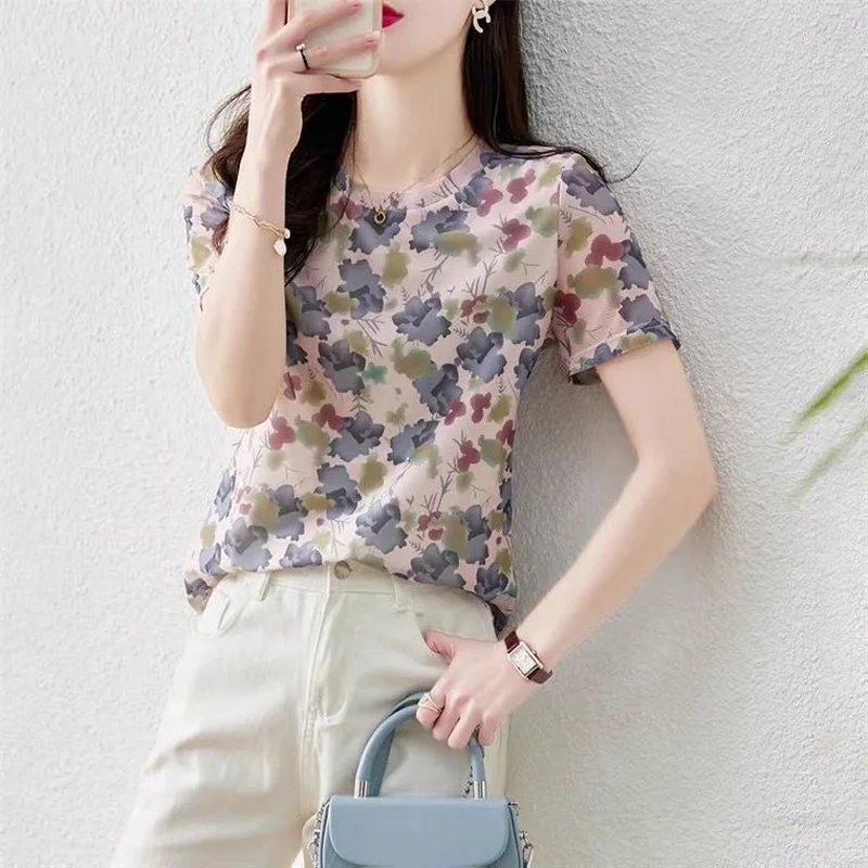 2023 New Summer Fashion Trend Small Fresh Round Neck Print Commuting Simple Casual Loose Versatile Short Sleeve Women\'s Shirt