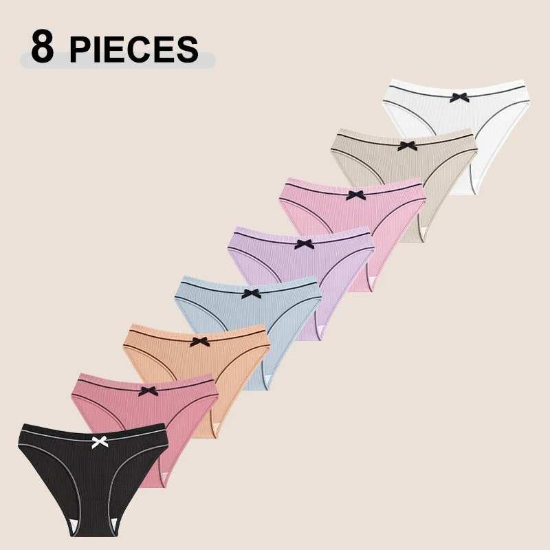 8Pcs/Set Sexy Stripe Briefs For Women Seamless Cute Bowknot Panties Set New Soft Cozy Underpants Tre
