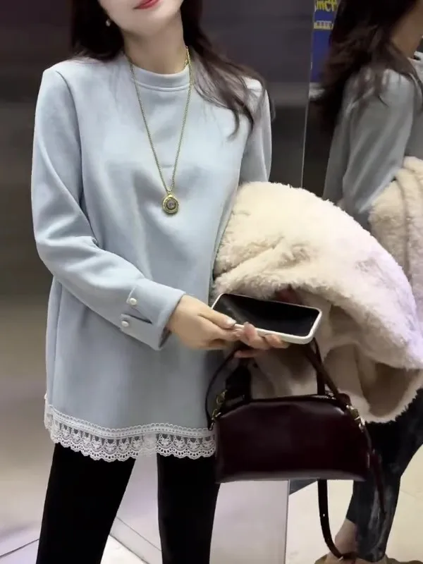 

Korean Sle Lace Splicing Thi Long Sve Hoodie Women's Autumn Winter plus Size Loose Mid-Length Unique Beautiful Top