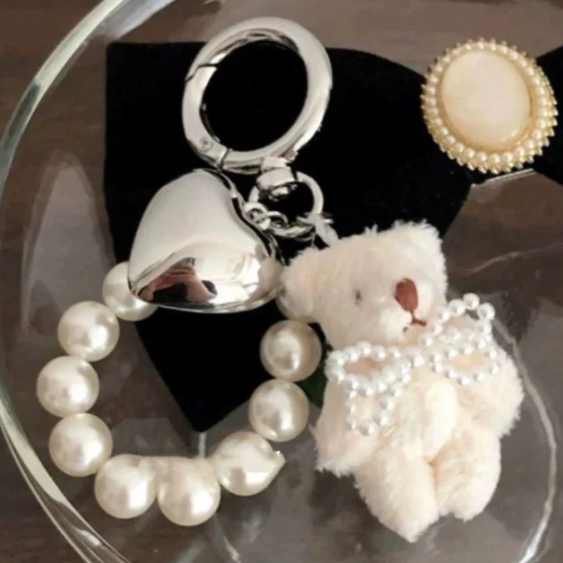 1/2pcs Cute Fluffy Plush Bear Pearl Bowknot Pendant Keychain For Car Keys iPhone Accessories Trendy Heart Keyring Women Handbag