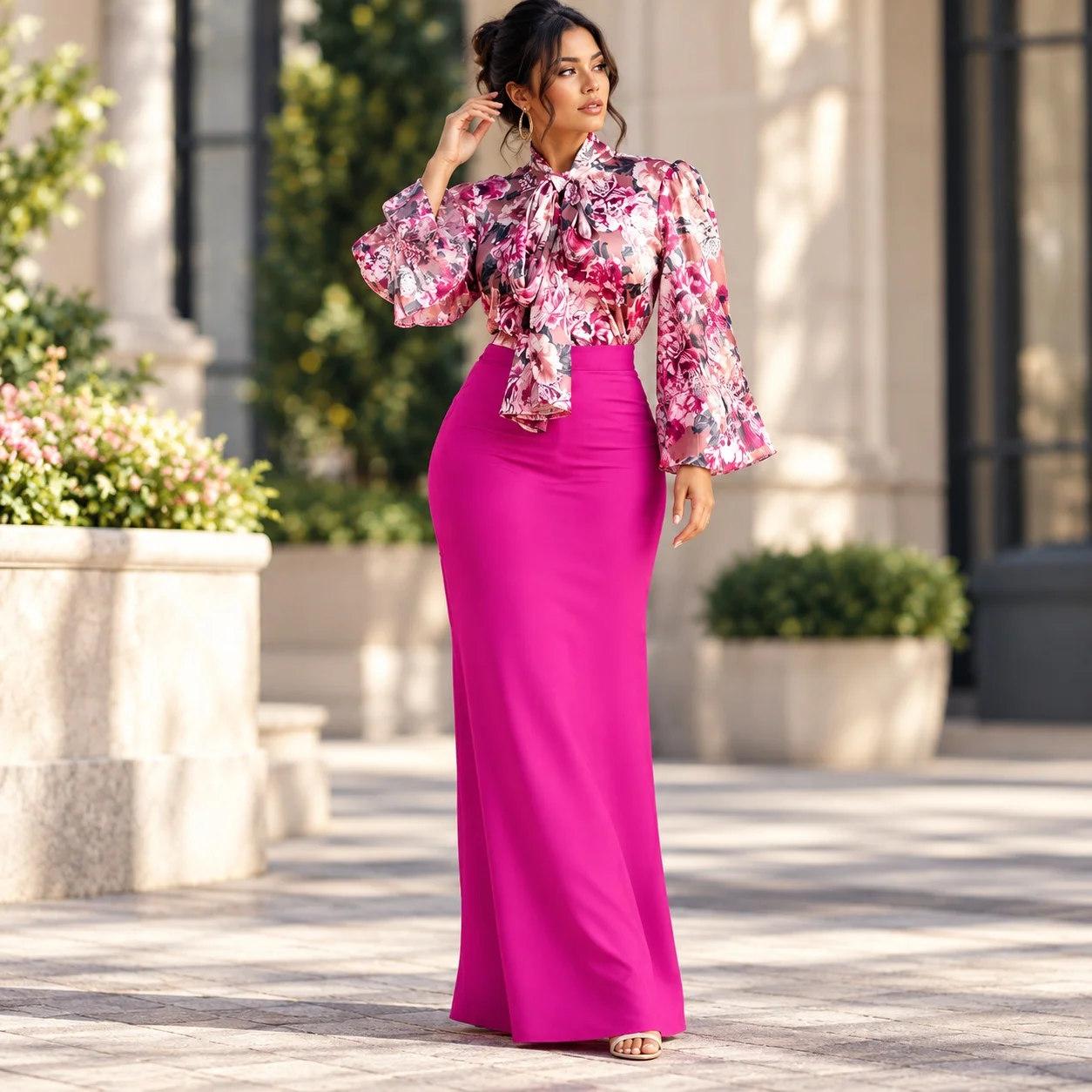 Printed Long Sleeve Set with Maxi Length Long Skirt Floral Pattern Elegant Women Sets Spring Regular Sleeve Commuter Chic