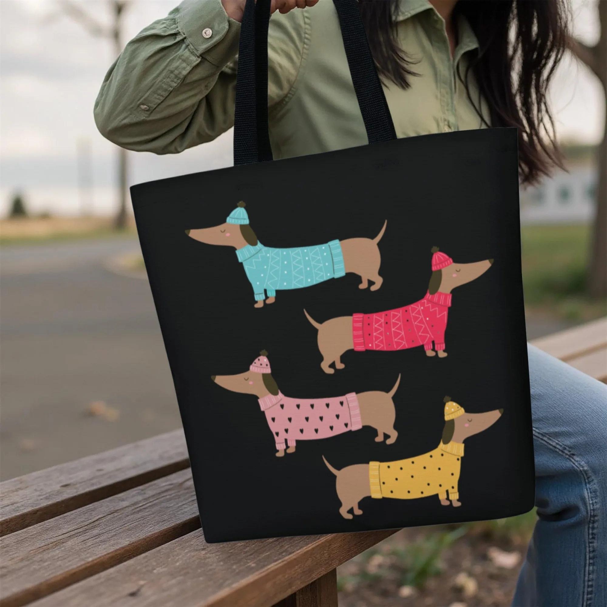 Adorable Dog Tote Bag Dachshund Pattern Print Canvas Reusable Shoulder Bag Gift for Animal Enthusiasts & Trend Pet Owner Fans