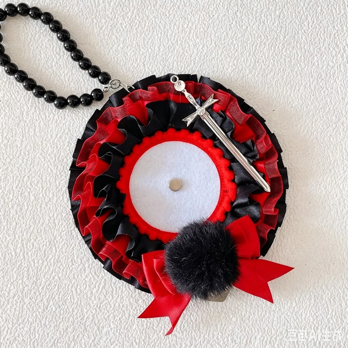 Handmade photocard holder and badge display frame, beaded chain, satin ruffle, faux‑fur pom‑pom, bow metal accents, clear PVC for 3‑inch collectible cards and badges, protective hobby display case - view 4
