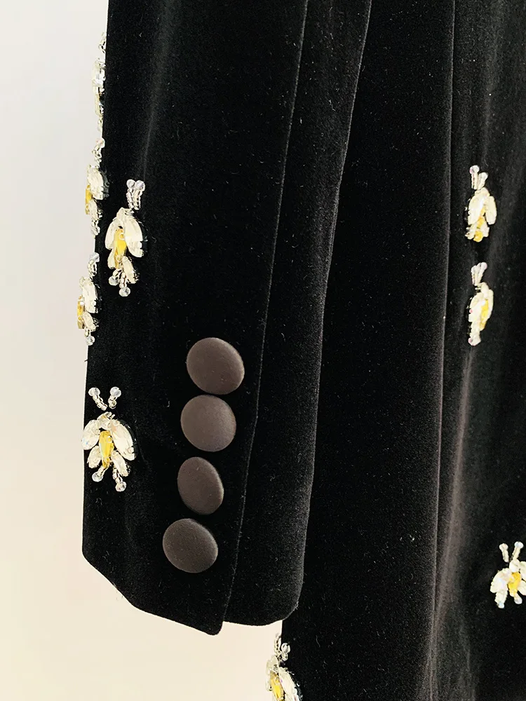 Black Velvet Blazer WomenDiamond Studded Pearl Bee Jacket for Party Wedding Wear Slim Fit Bee Diamond Studded Velvet Suits Coat