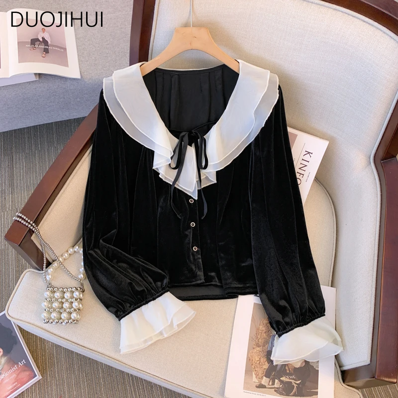 

DUOJIHUI French Vintage Chicly Ruffles Elegant Female Shirt Basic Fashion Contrast Color Casual Office Ladies Simple Women Shirt