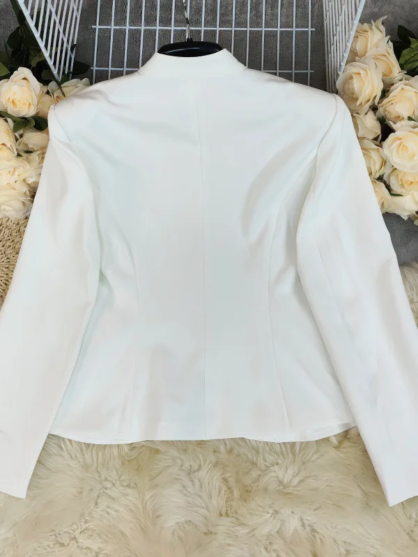 White Women's Loose Profional Small Suit Dr Ele Waist-Cinching Long Sve Pure Color Versatile Outerwear