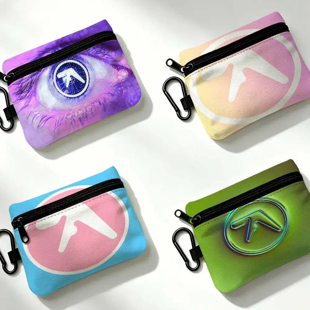 A-Aphex Twin Mini Oxford Cloth Coin Purse With Carabiner Hook Portable Key Card Wallet Small Zipper Storage Pouch