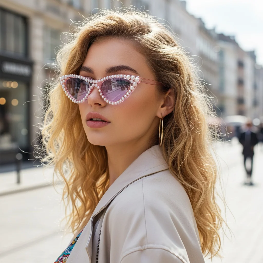 Französische Elegante Perlen-Verzierte Cat-Eye-Sonnenbrille UV400-Schutz Unisex Internet-Berühmtheit Streetstyle-Sonnenbrille 5040