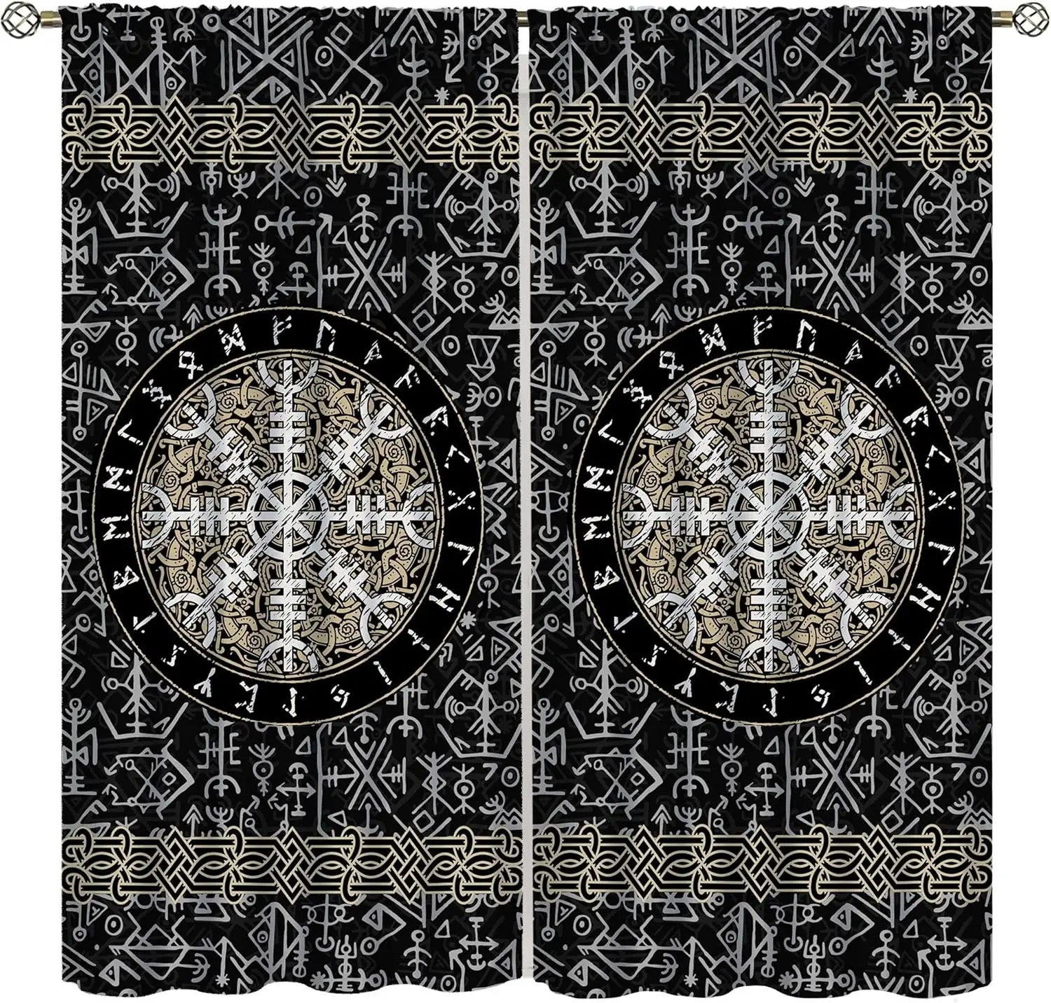 Viking Art Curtains, Mysterious Old Norse Mythology Viking Runes Primitive Shield Totem Window Treatments Rod Pocket Drapes for