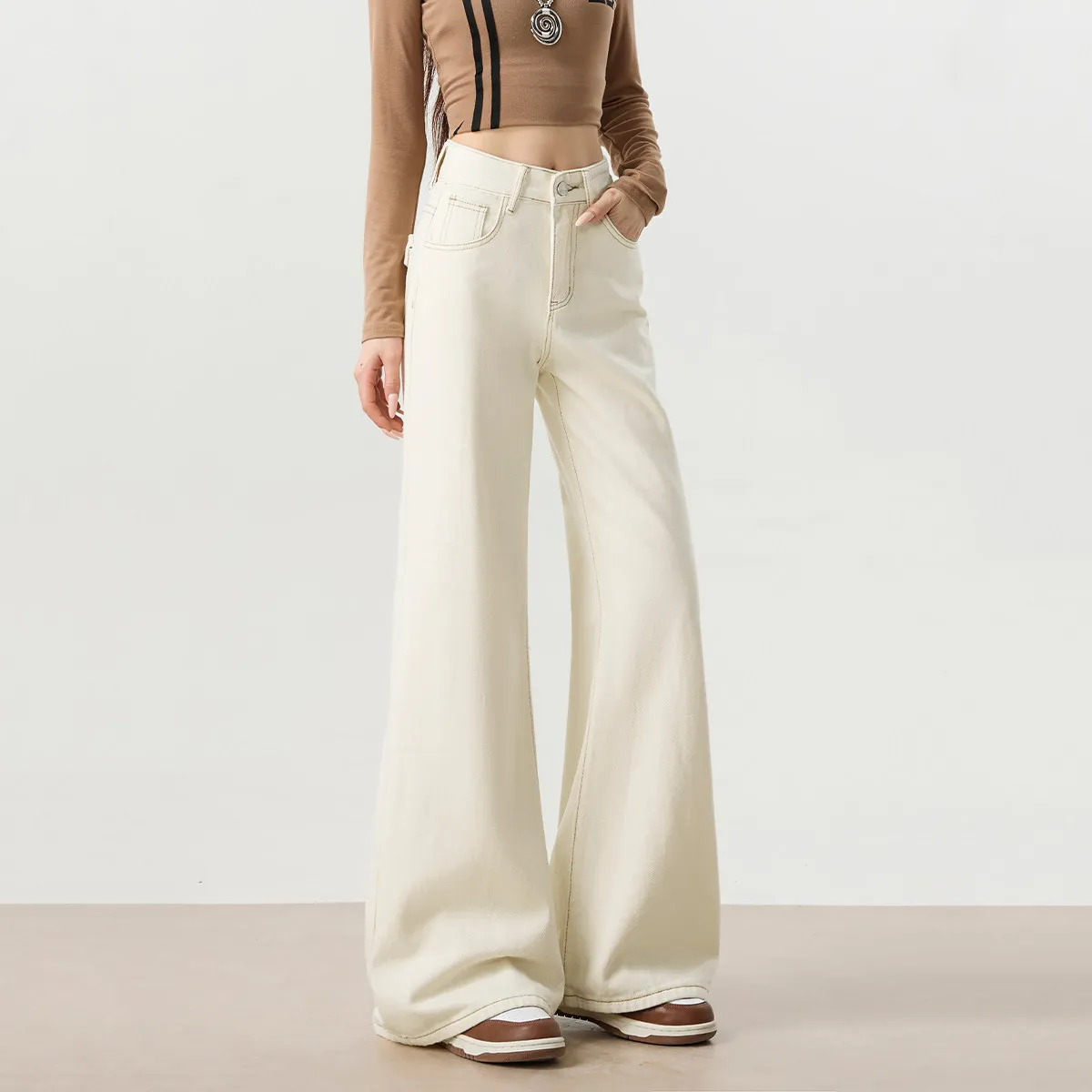 High Waist Wide Leg Jeans Women's Autumn New Style Mili White Draped Loose Fit Slimming Bootcut Denim Pants Cotton Stretch