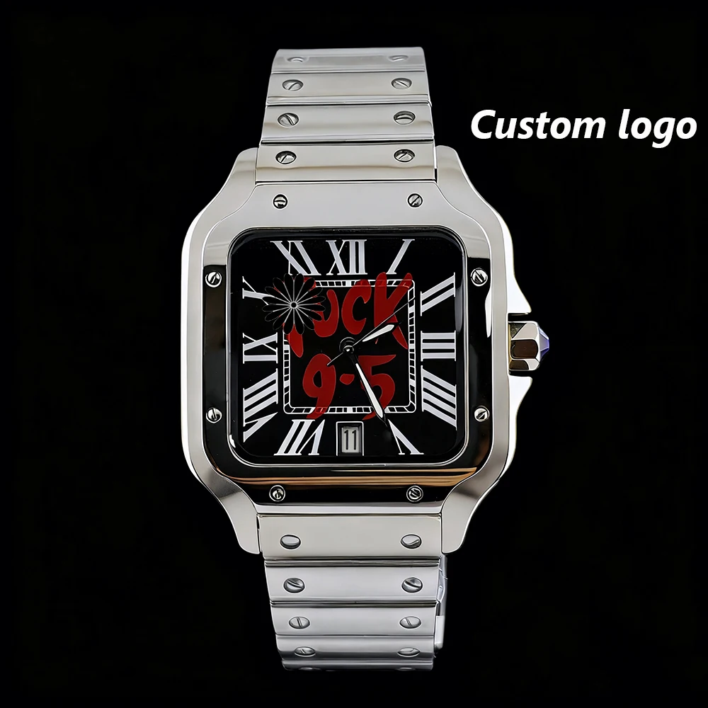 ساعة Santos NH35 9.5 ساعة مربعة من الفولاذ المقاوم للصدأ بشعار مخصص للرجال ساعة أوتوماتيكية NH35 ساعة يد تعمل بالحركة