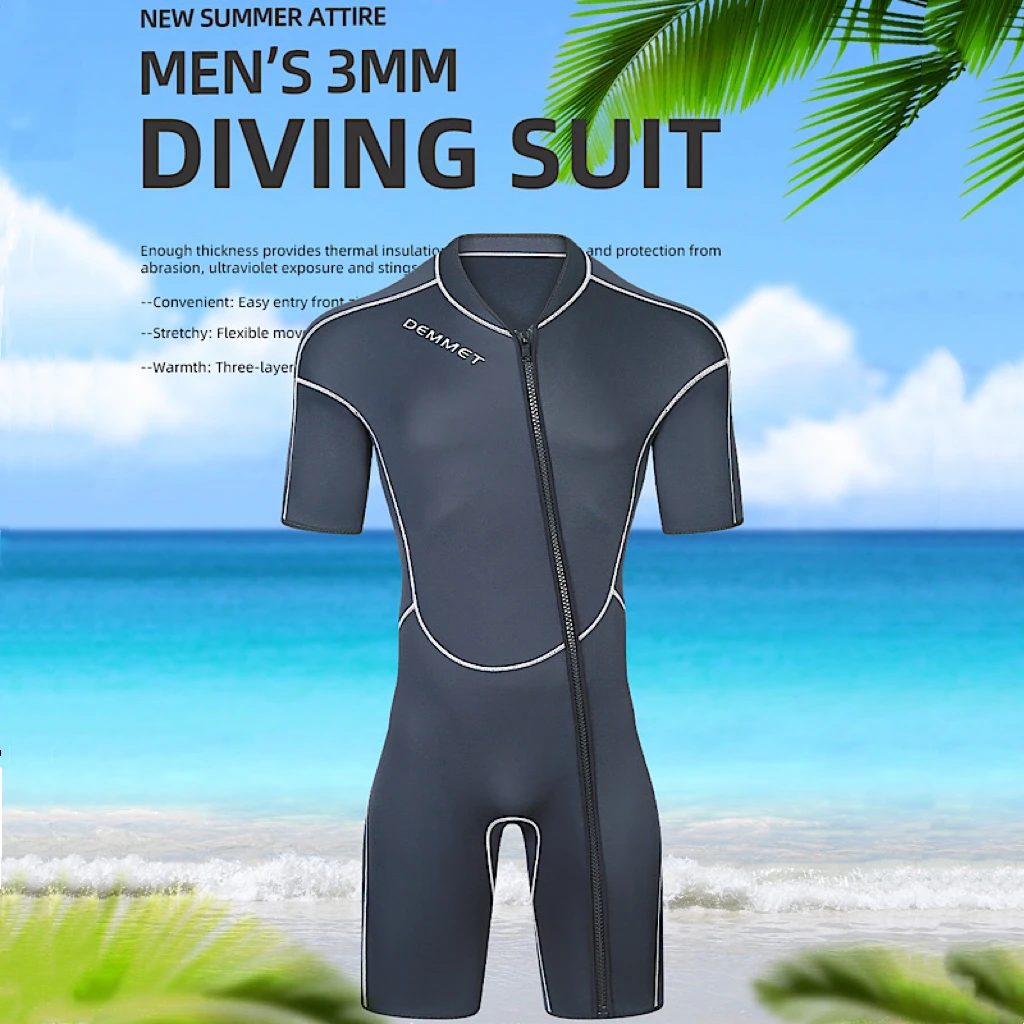 New DEMMET1.5/3M Neoprene Men\'s Short Sleeve Wetsuit Front Unzipper Snorkeling Surfing Swimsuit Keeps Warm