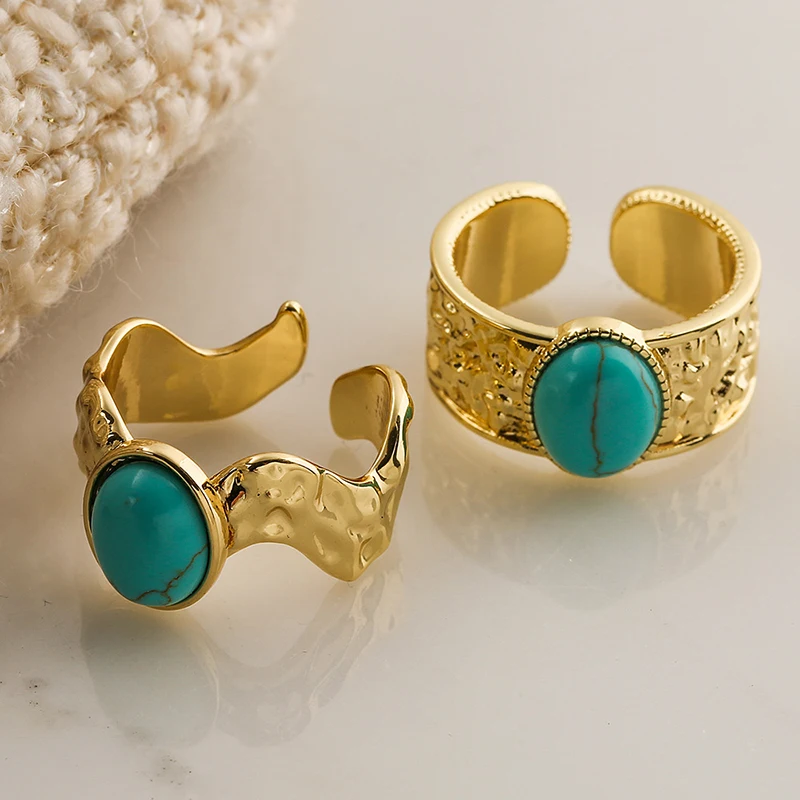 Wide Open Ring With Turquoise Stones For Women Geometric Opening Ring Copper Plated With 18 Carat Gold Niche Vintage Style Rings