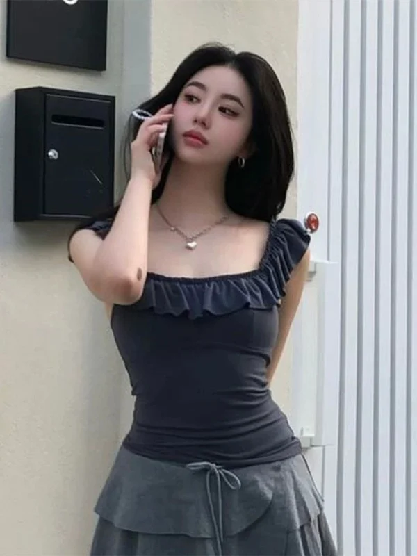 여름 신상 여성 슬림핏 반팔 티셔츠 퓨어 디자이어 라지 유넥 레이스 디자인 백리스 슬리브리스 니트 탑