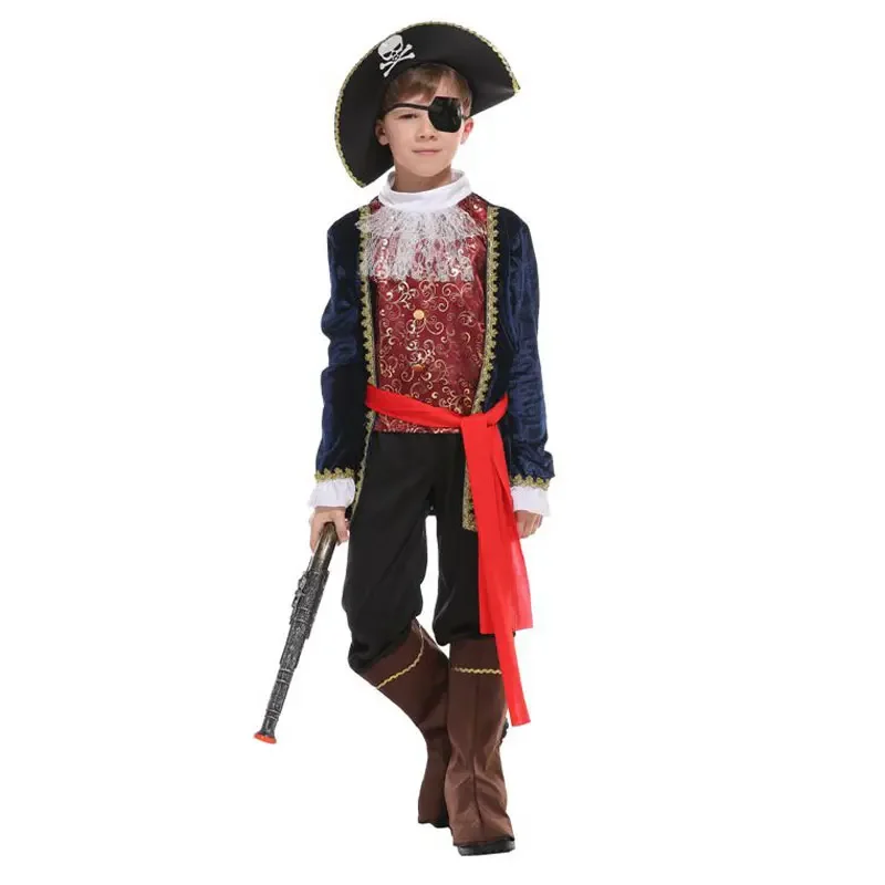 Kids Child One Eye Deluxe Pirate Captain Hook Buccaneer Costumes for Boys Halloween Carnival Masquerade Mardi Gras Party Outfit