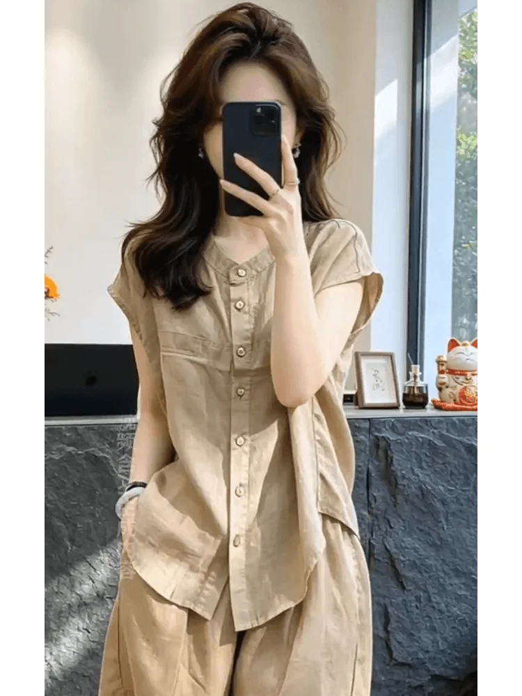 

Khaki Color Commute Shirt And Short Pants Women's Summer New Style Breathable Slimming Two-Piece Set Casual Fashion Ensemble