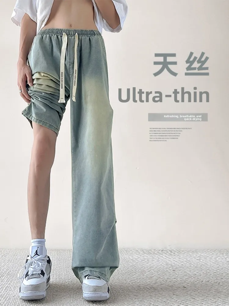 

Men's Jeans 2024 New Summer Thin Straight Leg Casual Long Pants High Street Drape Vintage Trousers Wide Leg Jeans